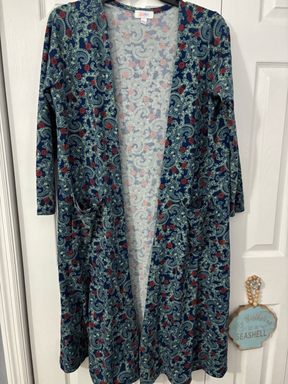 LulaRoe Long Open-Front Paisley Cardigan Sweater - Navy with Red & Cream Paisley